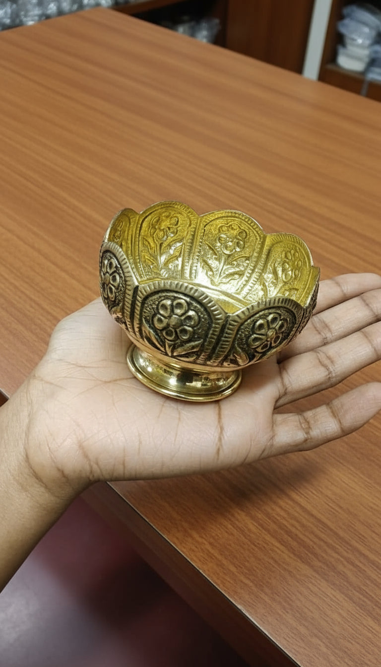 set of 2 Antique Brass Finish flower cut Bowls ideal for Pooja Purpose/ gift item